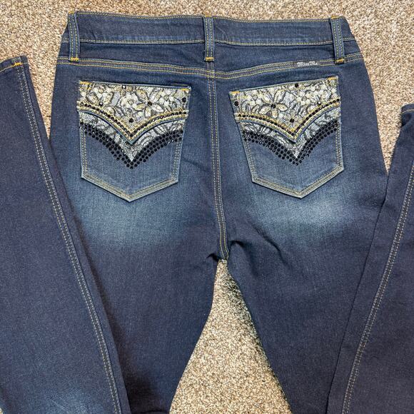 EUC Miss Me Size 30 Boot Cut Dark Wash Blue Jean Jewel And Sequin Pockets Casual - Picture 1 of 10